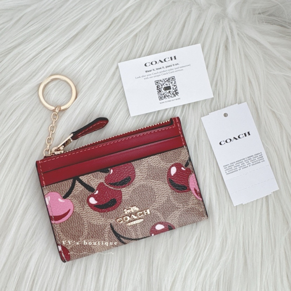 NWT Coach Mini Skinny Id Case In Signature Canvas With Cherry Print Tan CZ462